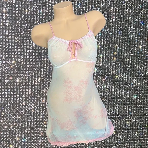 Nightgown dress mesh pink floral frilly lace bottom tie up milkmaid y2k 90s - Picture 1 of 5